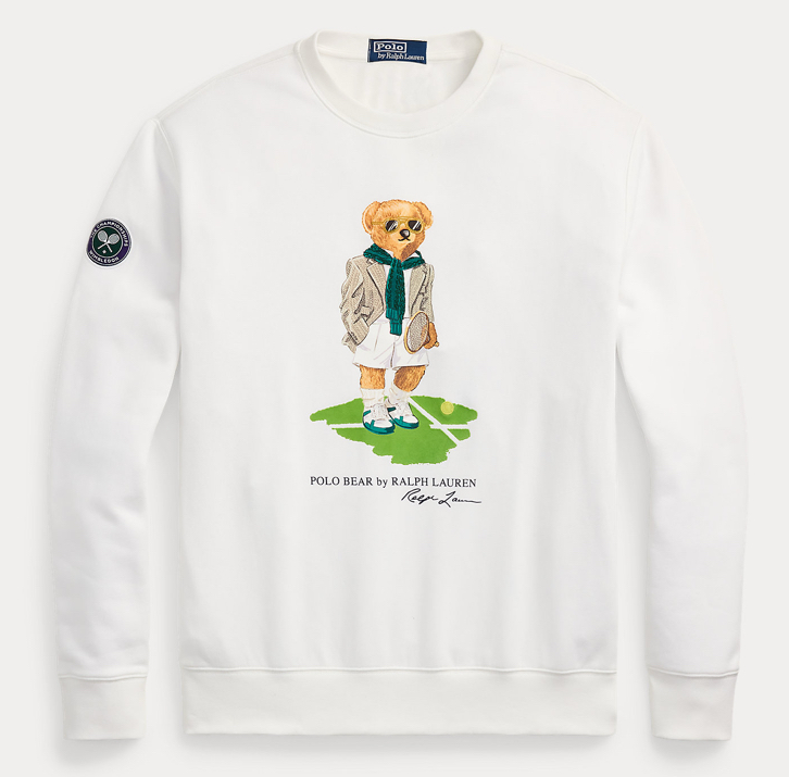 Embroidered Ralph Lauren Wimbledon Polo Bear Sweatshirt featuring tennis bear in classic white on grey cotton pullover