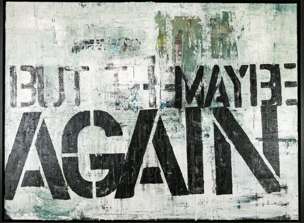 Niki Hare’s 2013 UK painting with layered acrylic and collage, featuring fragmented text and abstract color fields