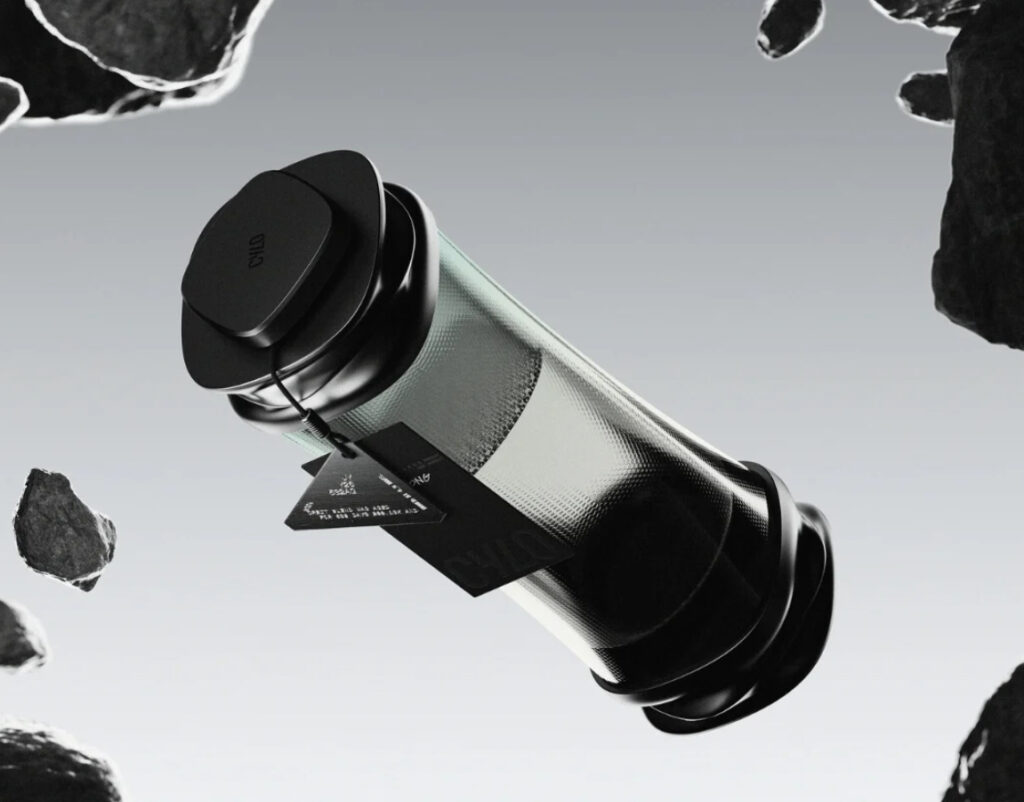 Glass capsule of CYLO space-aged damgeumju floating in zero gravity with suspended herbs and fruits