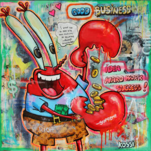Kristin Kossi 2021 acrylic and collage on canvas artwork from Germany featuring haute satire and vibrant pop layering