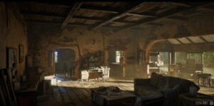 Rendered 3D environment scene by student artist Elisa Binz, featuring abandoned architecture and atmospheric lighting