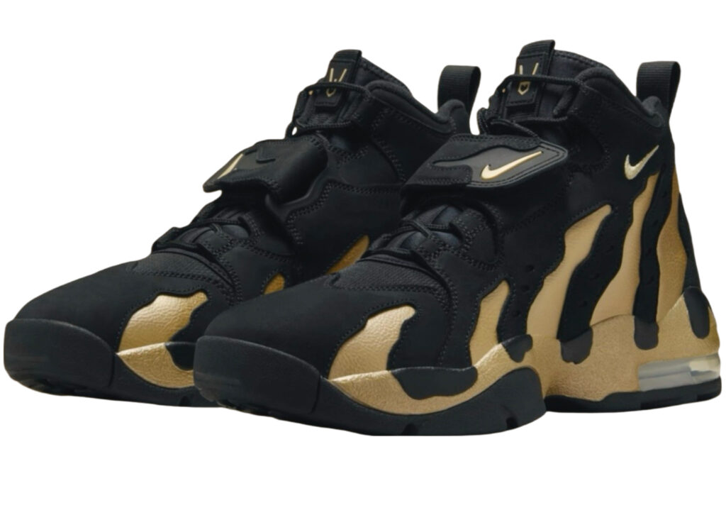 Nike Air DT Max 96 Colorado Home shoe featuring jagged white overlays, black nubuck base, and metallic gold accents