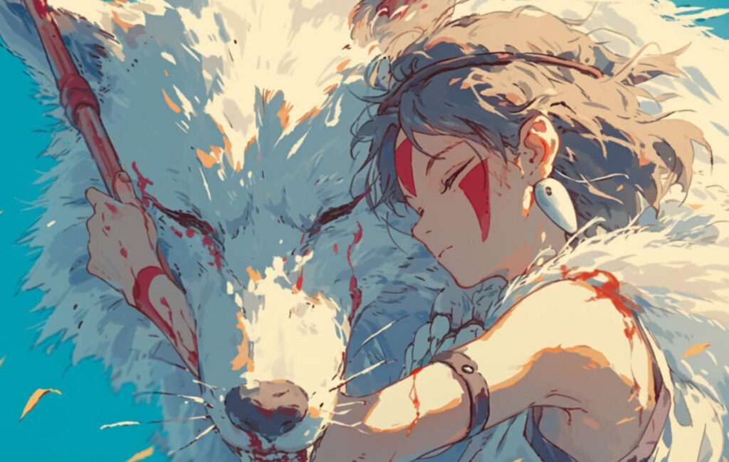 San and a white wolf rest together, eyes closed, in a tender moment captured through soft brushwork and vivid color