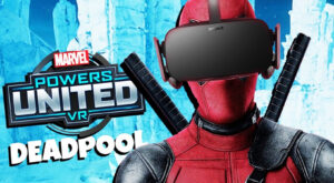 Deadpool VR trailer screenshot showing first-person action with dual katanas and comic-style explosion in virtual reality