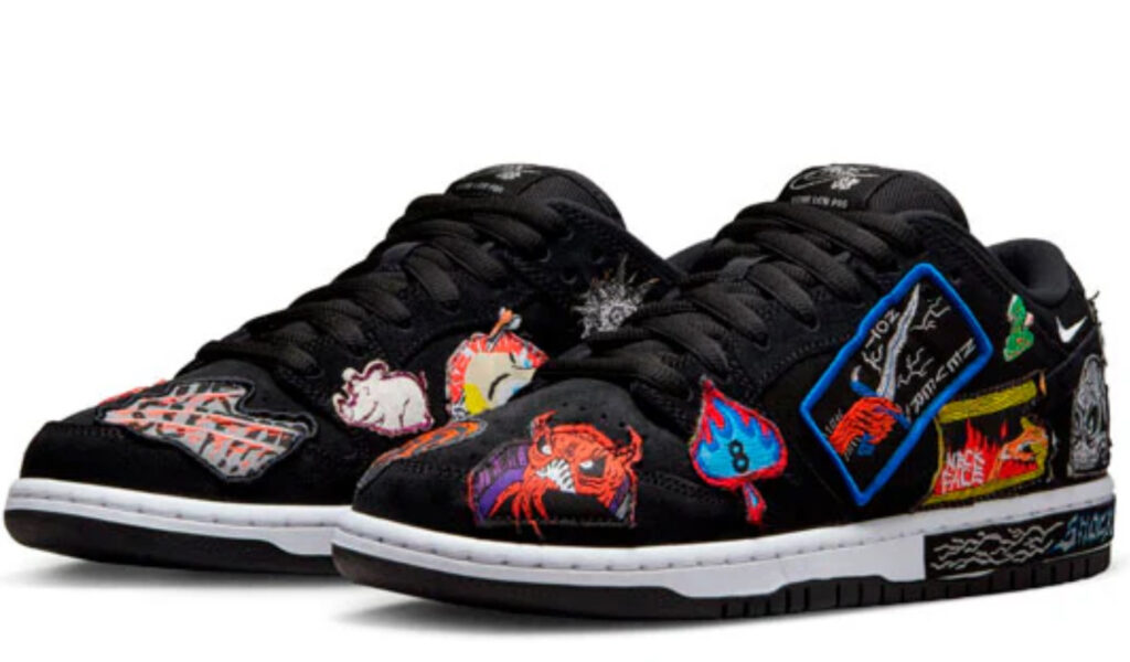 Nike SB Dunk Low Neckface shoe featuring black nubuck upper and horror-themed embroidered patches by artist Neckface