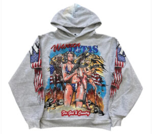 Warren Lotas Corps Hoodie featuring graphic pin-up soldiers, American flags, and flaming war motifs on grey fabric cotton fleece.