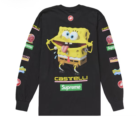 Supreme SpongeBob Castelli Racing Long Sleeve Tee featuring SpongeBob mid-race with Castelli and Supreme logos
