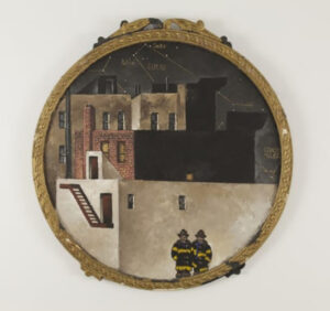 Martin Wong’s painting Gemini depicting a rooftop city scene under constellations, framed in a round golden border