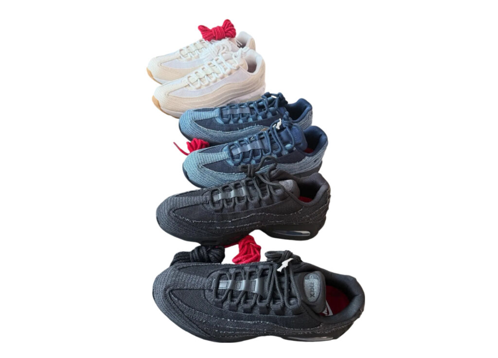 Levi’s x Nike Air Max 95 Black Anthracite shoe featuring denim paneling, suede accents, and visible Air cushioning