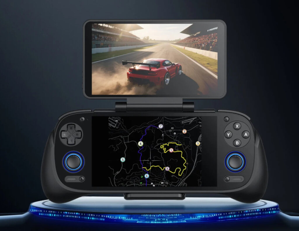 Retroid Dual Screen Add-on showing second display folded out behind handheld gaming device