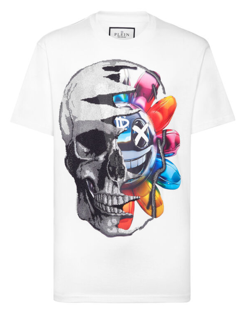White crewneck T-shirt with a minimalist smile graphic on the chest, short sleeves, and regular cotton fit