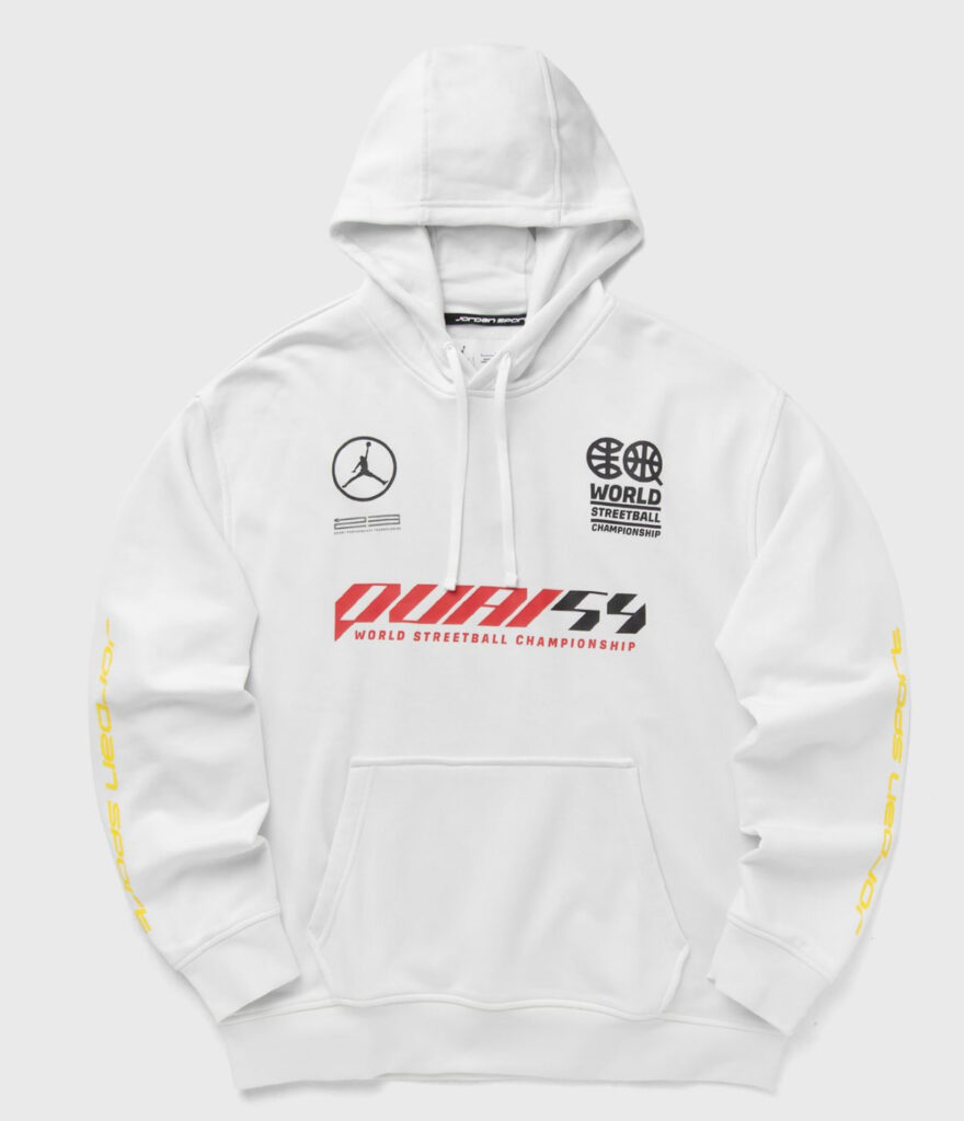 Jordan x Quai 54 Dri-FIT pullover in Summit White/Black featuring co-branded embroidery, kangaroo pocket, and black detailing