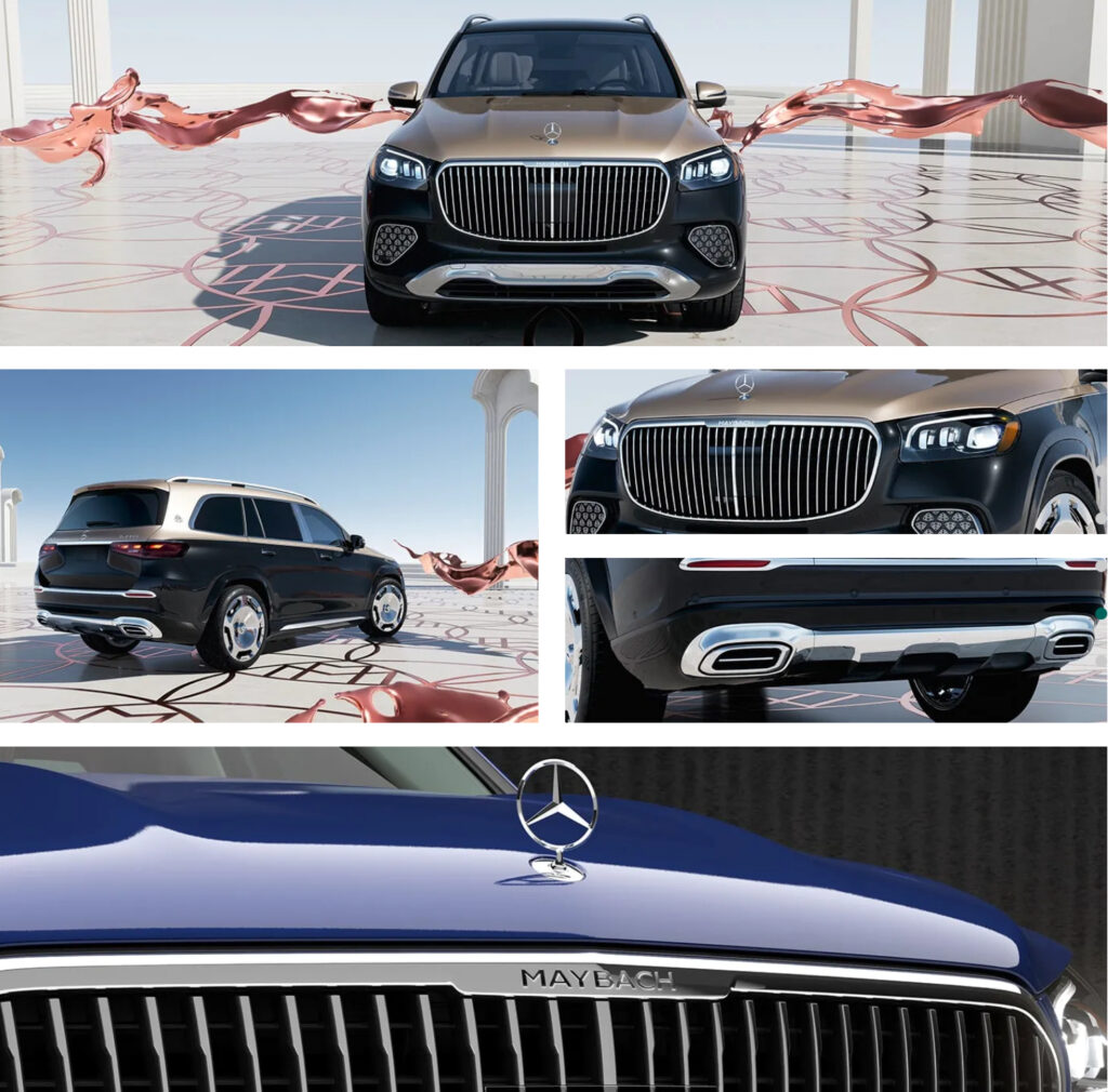 Mercedes-Maybach GLS 600 SUV parked in a mountain vista, highlighting its chrome grille and luxurious two-tone finish