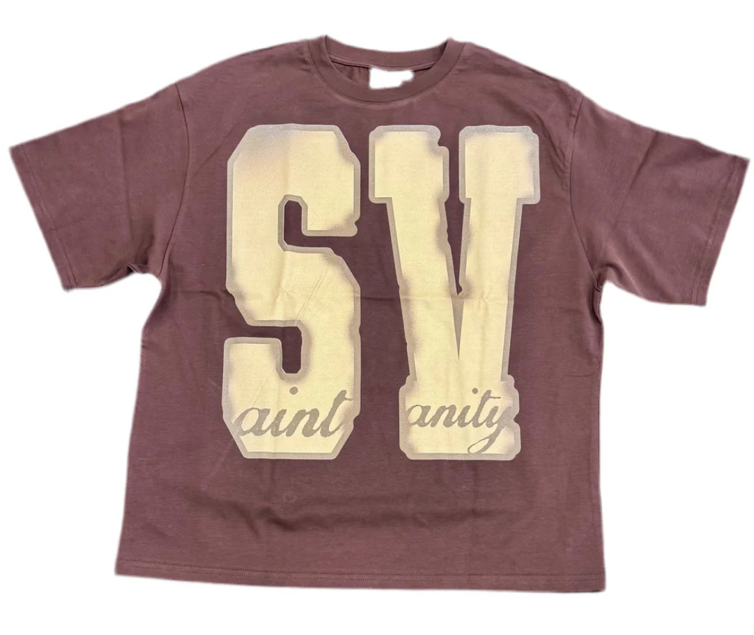 Saint Vanity SV Tee in warm brown featuring minimalist logo and boxy silhouette crafted from heavyweight fabric