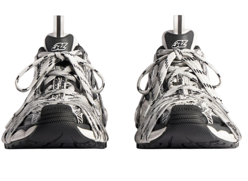 Balenciaga 3XL Extreme Laces WMNS shoe in white and black with oversized laces, distressed mesh, and bold logo detailing