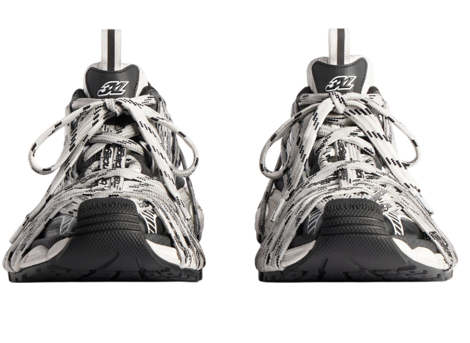 Balenciaga 3XL Extreme Laces WMNS shoe in white and black with oversized laces, distressed mesh, and bold logo detailing