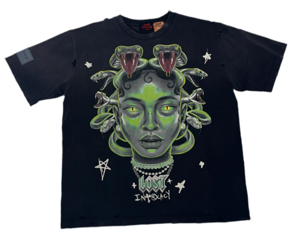 Lost Intricacy Medusa Tee featuring a distressed graphic of Medusa’s face on a faded black heavyweight cloth fabric shirt