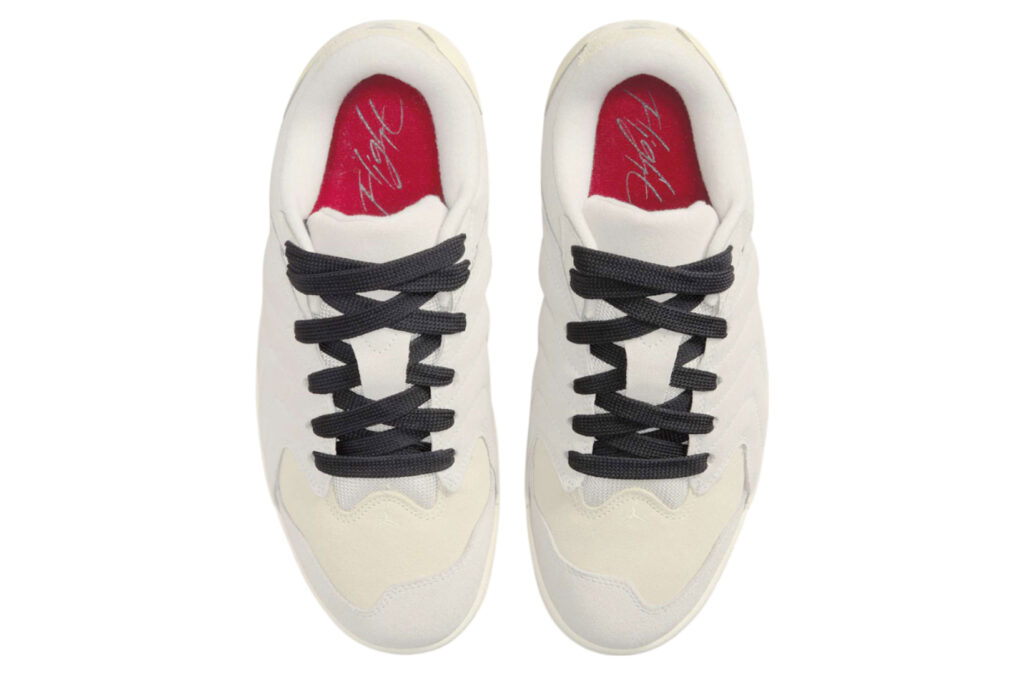 Rear and top views of Jordan Session White sneakers featuring tonal suede upper, black laces, and red “Flight” insole branding