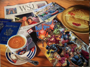 Photorealistic painting by Doug Bloodworth depicting Avengers comic book, coffee cup, crepes, passports, and a newspaper