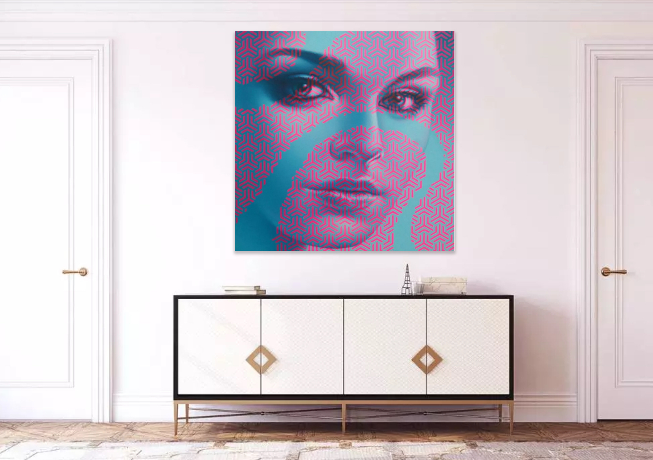 Contemporary artwork of a grayscale portrait overlaid with magenta geometric patterns and cyan brushstroke on canvas