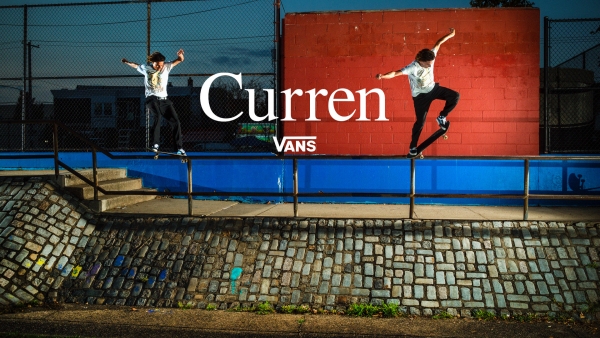 Curren Caples skating in NYC, flowing through city architecture with precision and ease, in a black-and-white visual tone