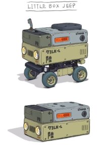 3D rendering of a stylized box-shaped jeep with wheels and joystick, inspired by concept art and optimized as a game asset