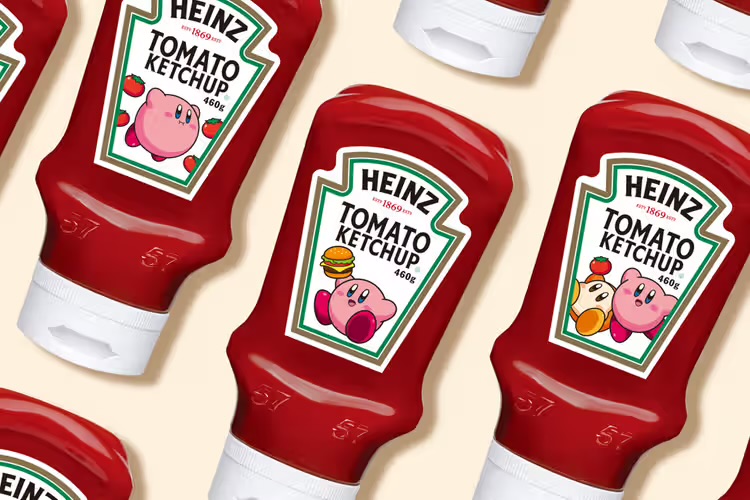 Limited-edition Kirby x Heinz ketchup bottle featuring Kirby and Waddle Dee on a 420ml upside-down label design