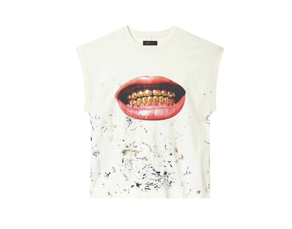 Purple Brand Smile Tank Top in off-white cotton with distressed yellow smiley graphic and raw-edge detailing