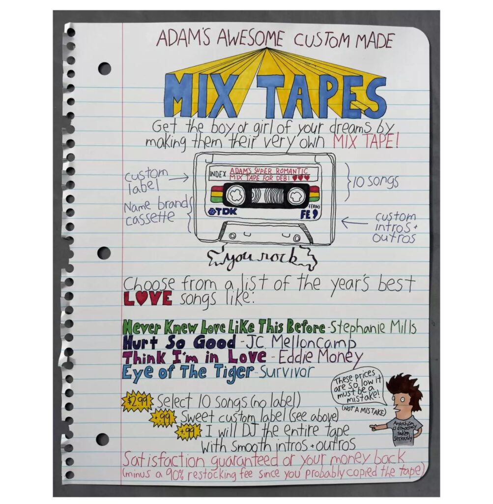 Hand-drawn flyer-style artwork for Adam Greener’s “Mix Tapes 2” featuring cassette tape and handwritten text