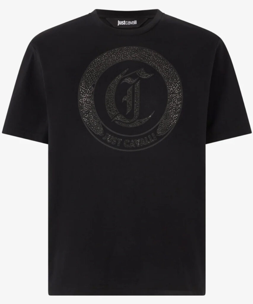Just Cavalli black CJ Round Studs T-Shirt with tonal gothic emblem and metallic studded circular design