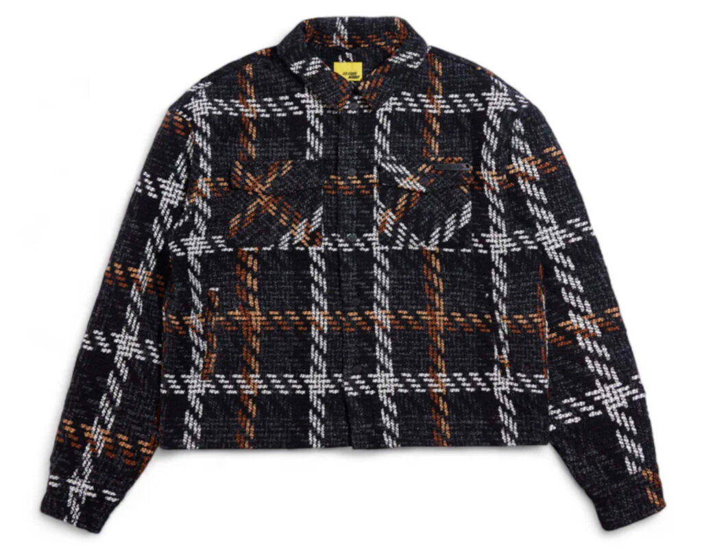 Close-up of Diet Starts Monday Safety Pin Tweed Jacket in black/brown featuring oversized metal safety pins and classic weave