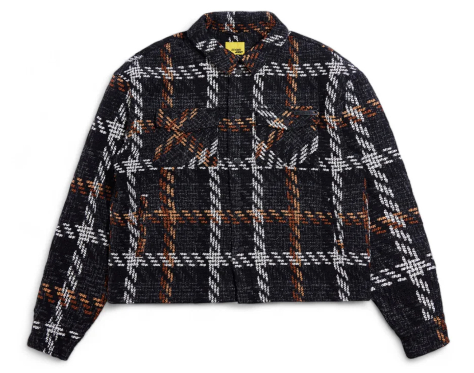 Close-up of Diet Starts Monday Safety Pin Tweed Jacket in black/brown featuring oversized metal safety pins and classic weave