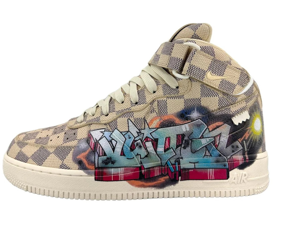 Louis Vuitton x Nike Air Force 1 Mid by Virgil Abloh featuring Damier canvas and colorful graffiti design
