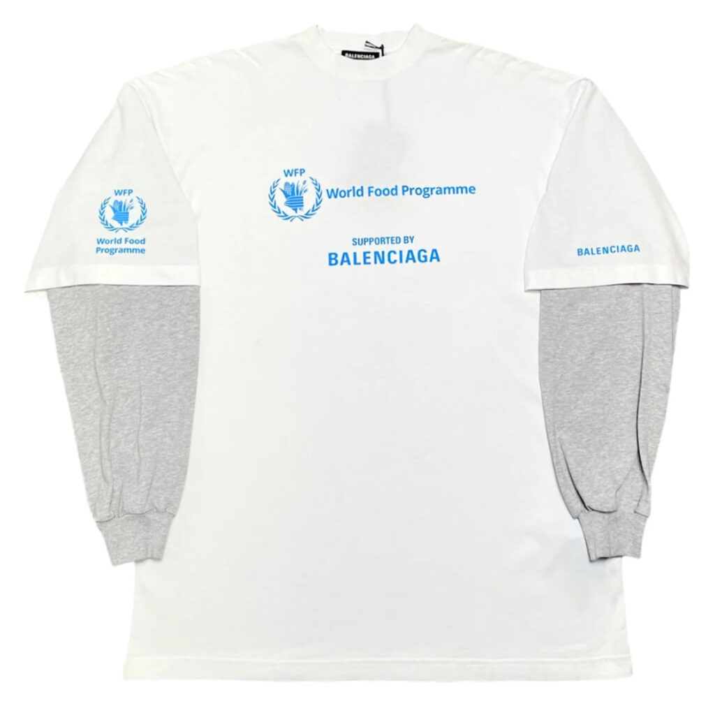Balenciaga New WFP Long Sleeve Tee in white and grey with World Food Programme logos and humanitarian slogan