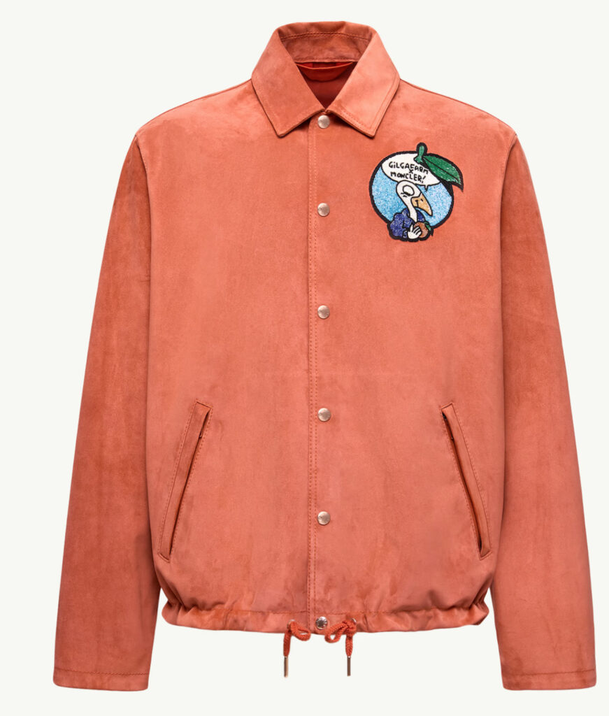 Navel Suede Shirt Jacket from Moncler x Gilga Farm by Donald Glover, featuring sand-toned suede and oversized collar