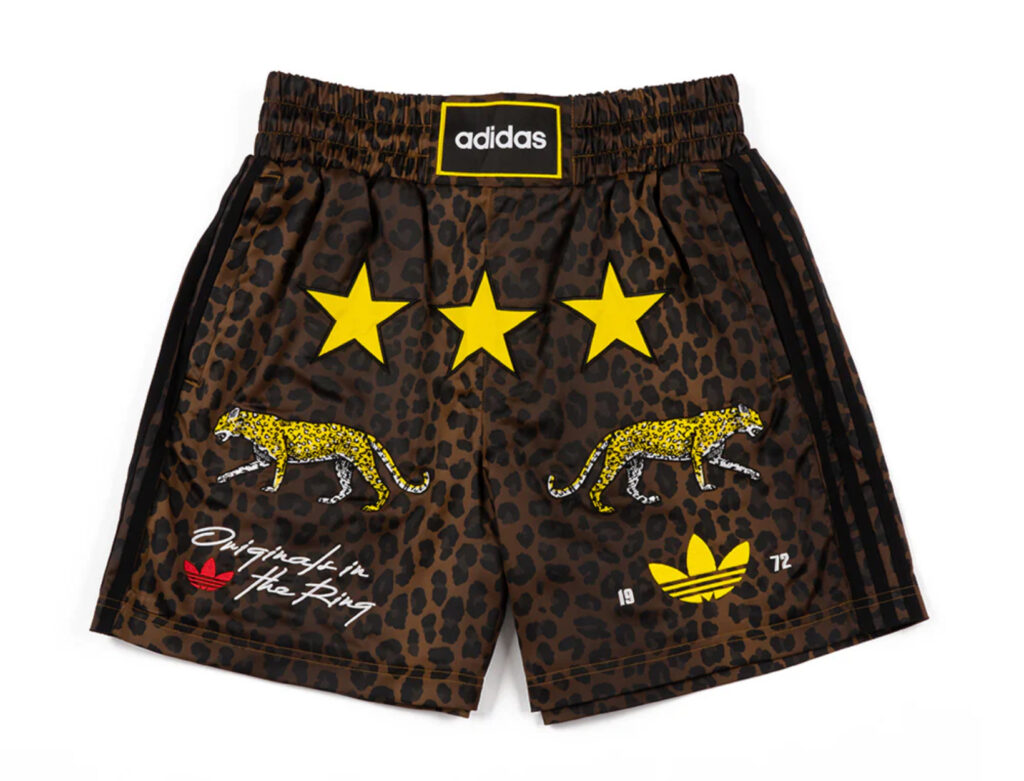 adidas “In the Ring” Boxing AOP Shorts in leopard print with mid-thigh cut and Trefoil logo