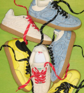 GANNI 08 shoes in yellow, red-blue, and grayscale colorways displayed in retro-styled campaign