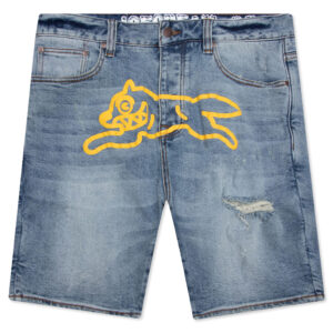 ICE CREAM Yellow Jean Short in light blue with bright yellow graphics, blending denim with expressive streetwear design