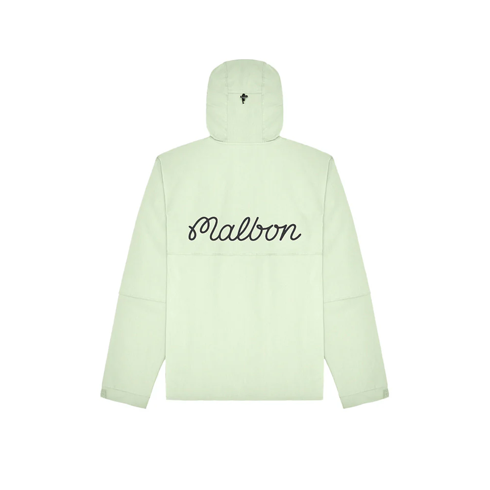 back views of Malbon’s Performance Full Zip Shell Jacket in ‘Aloe’ green, featuring clean lines and subtle logo detailing