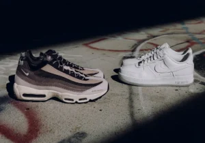 A Ma Maniére x Nike Summer 2025 sneakers: a tonal Air Max 95 and an all-white Air Force 1, side by side on concrete