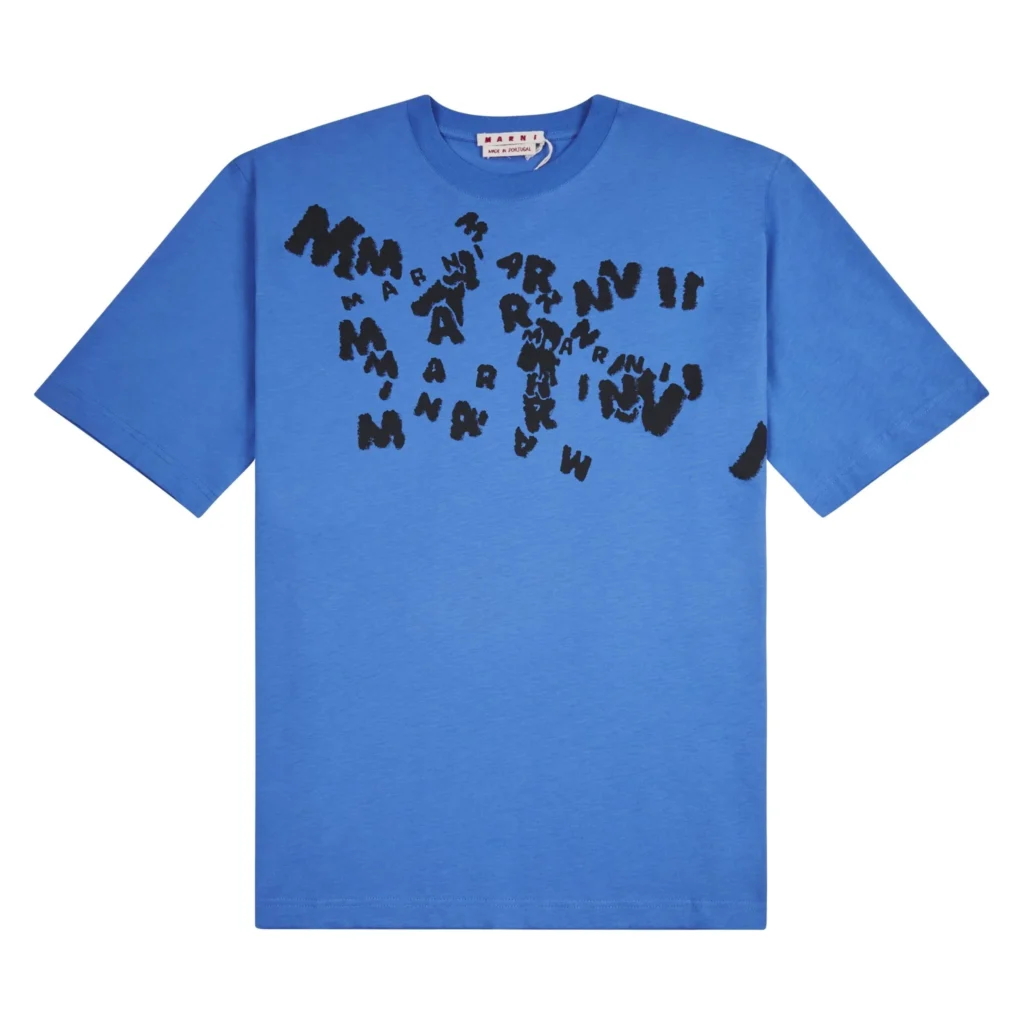 Blue Lilac Marni Chaos Logo Tee featuring expressive text design across chest, embodying avant-garde luxury streetwear