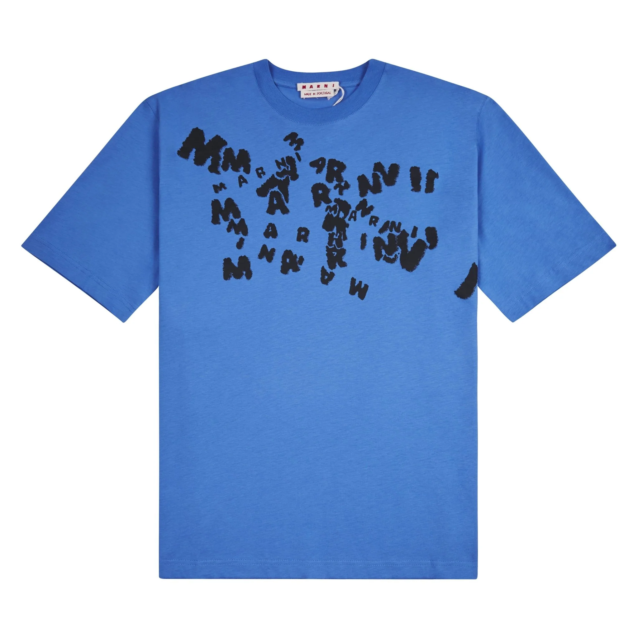 Blue Lilac Marni Chaos Logo Tee featuring expressive text design across chest, embodying avant-garde luxury streetwear
