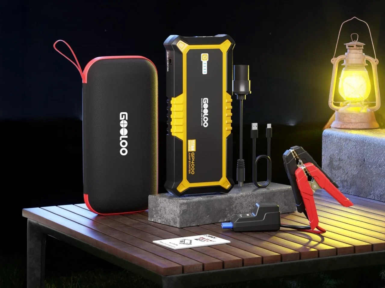 GOOLOO GP4000 jump starter and power bank device shown in a car parking lot, highlighting its compact and rugged design