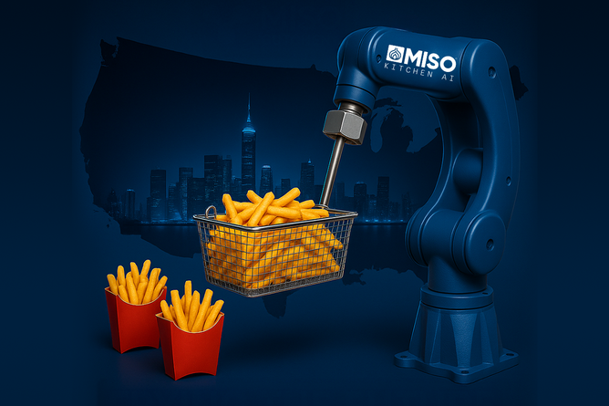 A blue robotic arm labeled “Miso Kitchen AI” holding a basket of golden fries, with a city skyline silhouette in the background, symbolizing futuristic kitchen automation.