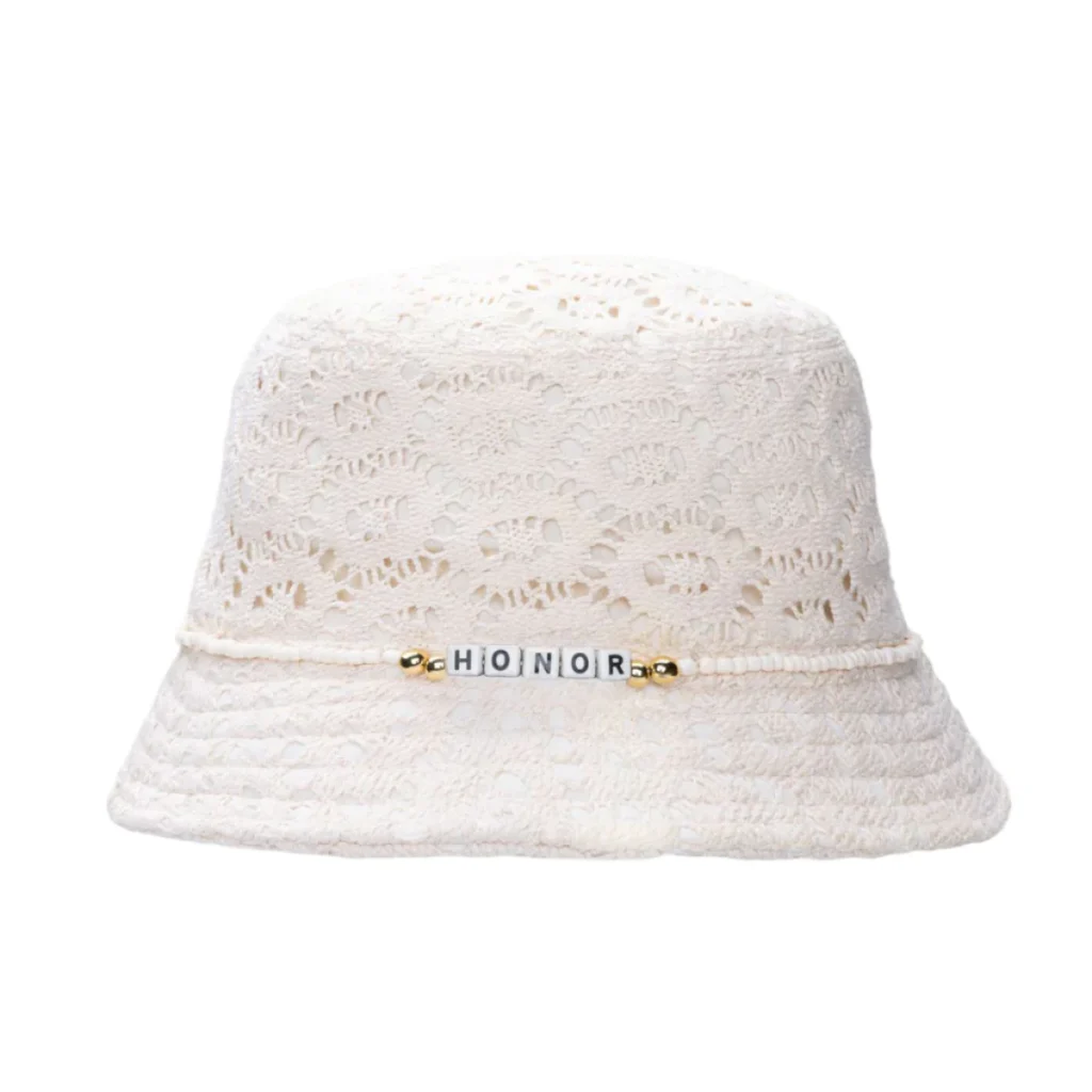 Honor The Gift Friendship Crochet Bucket Hat in bone color, showcasing handmade texture and vintage-inspired design