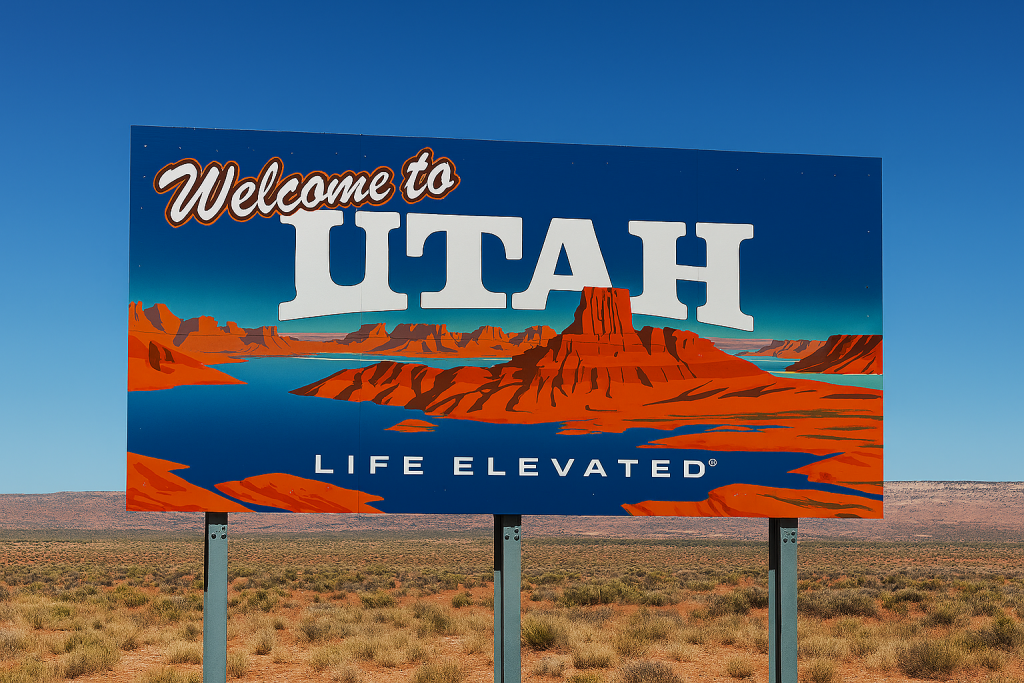 Welcome to Utah billboard with bold white lettering and bright red-orange rock formations against a vivid blue sky, set in a sunlit desert landscape with sparse vegetation and distant mesas, emphasizing the state's rugged, elevated beauty