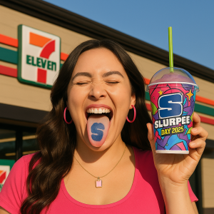 Young woman standing outside a 7-Eleven store, smiling with eyes closed and sticking out her tongue to show a blue "S" Slurpee tattoo, while holding a colorful Slurpee Day 2025 cup