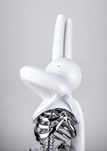 Mr Clement’s Ribs of Amour sculpture showing white bunny figure with polished silver ribcage exposed, symbolizing vulnerability