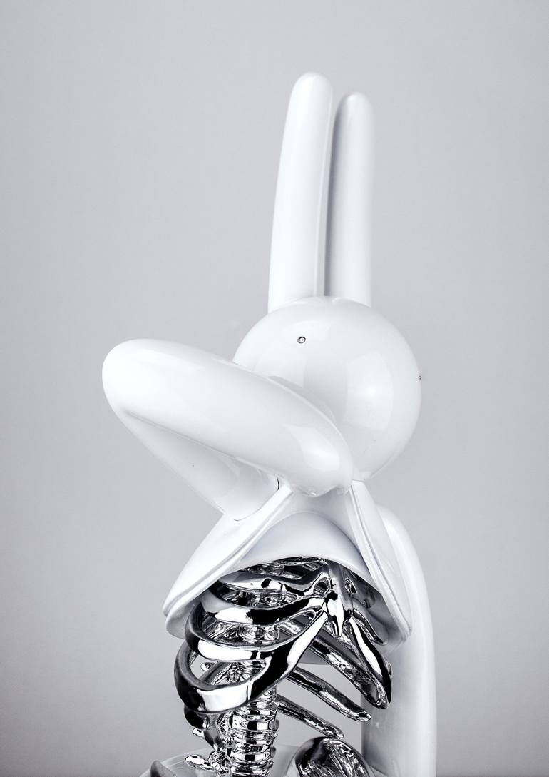 Mr Clement’s Ribs of Amour sculpture showing white bunny figure with polished silver ribcage exposed, symbolizing vulnerability