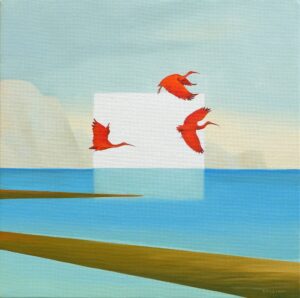 Cesare Reggiani’s painting Un Volo Scarlatto featuring swirling scarlet tones, abstract shapes, and dynamic brushwork